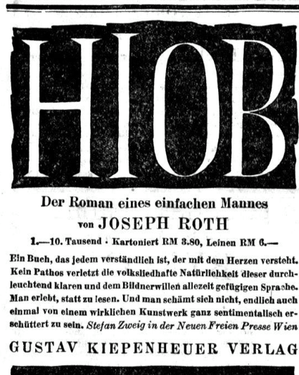 Das Bild zeigt eine Anzeige des Kiepenheuer Verlags für den Roman "Hiob" von Joseph Roth aus dem Jahr 1930.