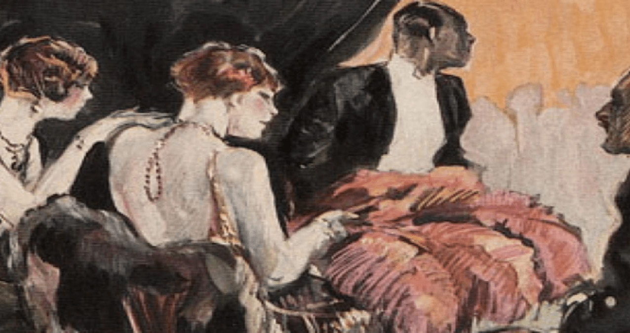 Das Bild zeigt eine farbiege Zeichnung: eine Abendgesellschaft, gut gekleidet, zwei Männer und zwei Frauen.