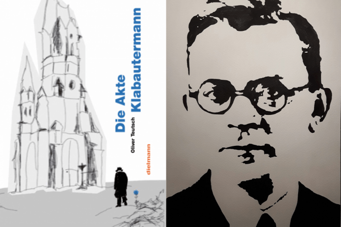 Auf der linken Seite des Bildes sieht man das Cover des Romans "Die Akte Klabautermann2, rechts ist ein Acrylbild Hans Falladas zu sehen.