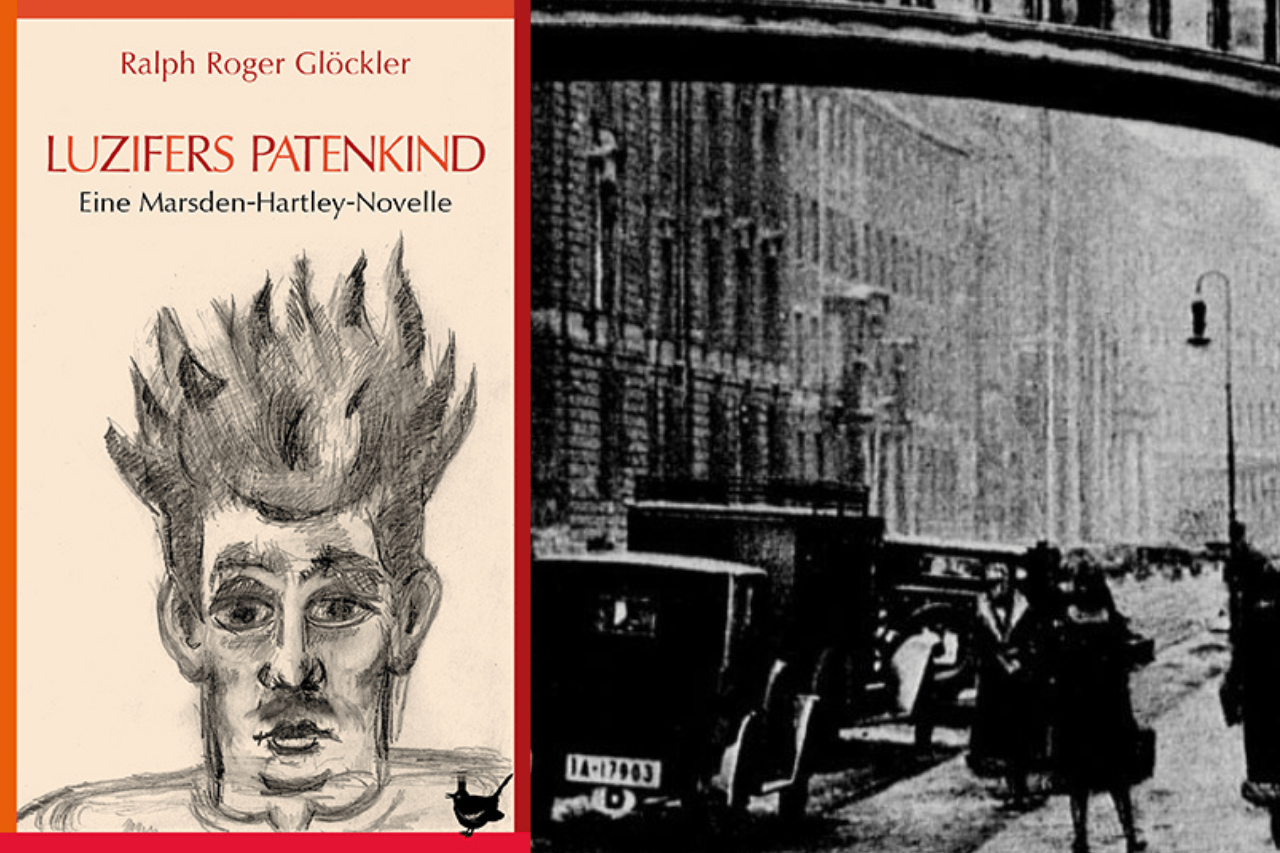 Das Bild ist zweigeteilt: links das Cover der Novelle, rechts eine Straßenszene aus Berlin im Jahr 1928.