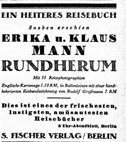 Das Bild zeigt eine Anzeige für das Buch von Erika und Klaus Mann aus dem Jahr 1929.