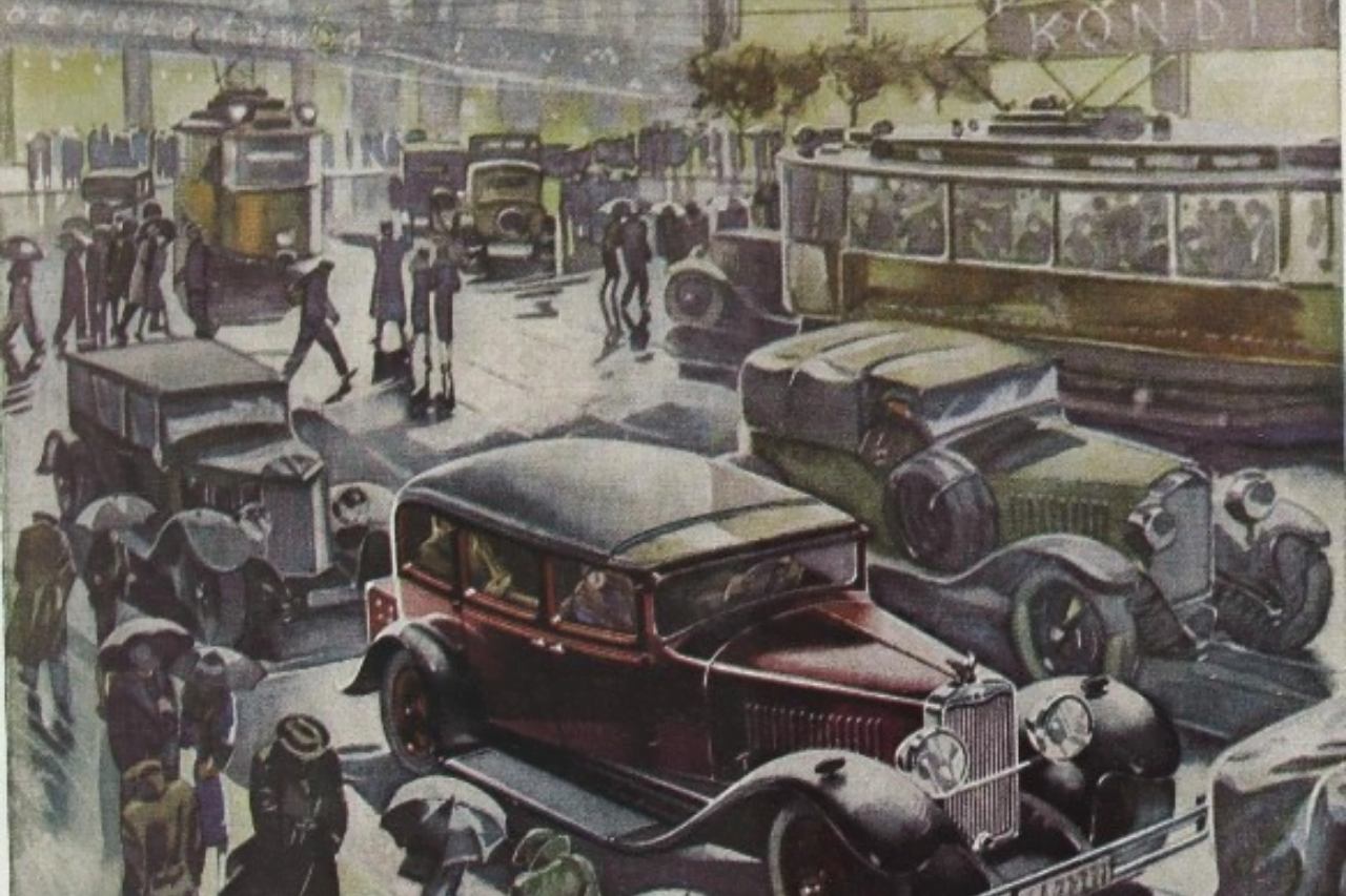 Das Bild zeigt ein Gemälde: eine Straßenszene aus Berlin in den 1920er Jahren.