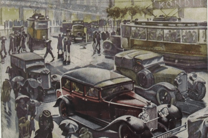 Das Bild zeigt ein Gemälde: eine Straßenszene aus Berlin in den 1920er Jahren.