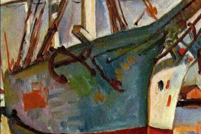 Das Bild zeigt ein Gemälde, auf dem ein Schiff abgebildet ist.