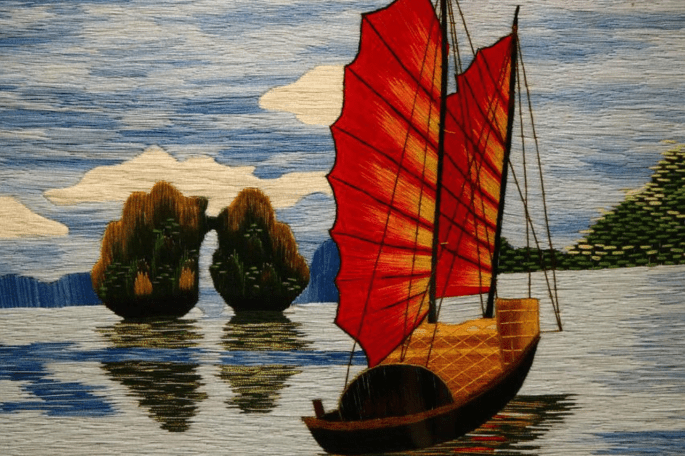 Das Bild zeigt ein Gemälde mit einer Dschunke.