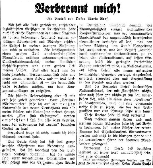 "Verbrennt mich" - Oskar Maria Graf protestiert in der Wiener "Arbeiter Zeitung" vom 12. Mai 1933, dass seine Bücher nicht in Deutschland verbrannt wurden.