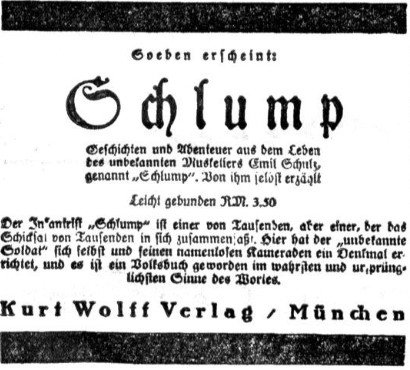 Anzeige des Kurt-Wolff-Verlags zum Erscheinen des Romans "Schlump" in der Vossischen Zeitung vom 2. Dezember 1928.