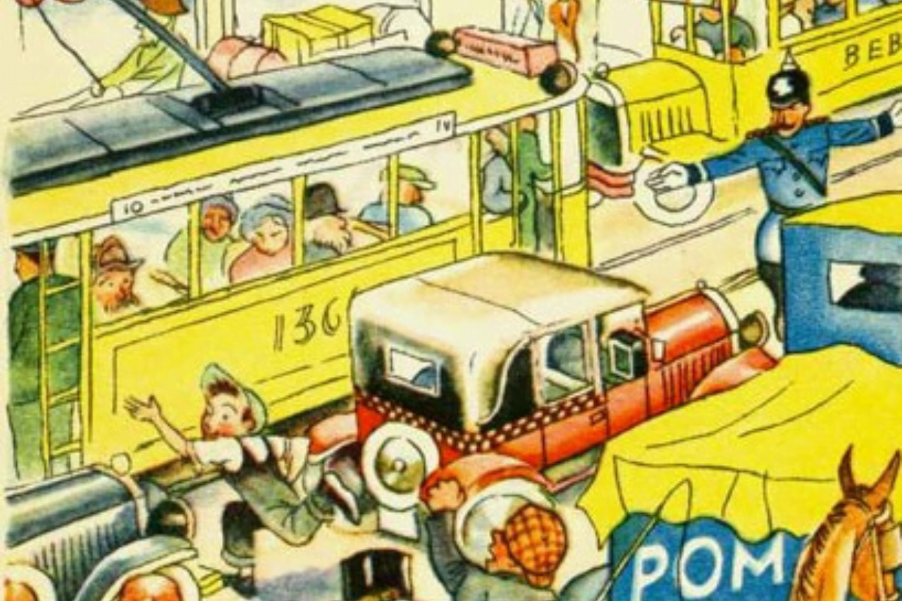 Das Bild zeigt eine gezeichnete Berliner Straßenszene.