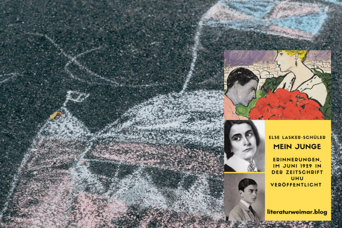 Das Bild zeigt eine Kreidezeichnung, wohl von Kindern gemalt - in der rechten Bildhälfte ist ein Buchcover abgebildet.