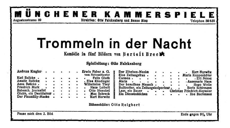 Werbung für die erste Inszenierung eines Brecht-Schauspiels.